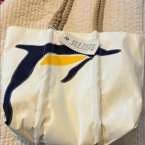 Sea Bags White Tote with Navy and Yellow Design